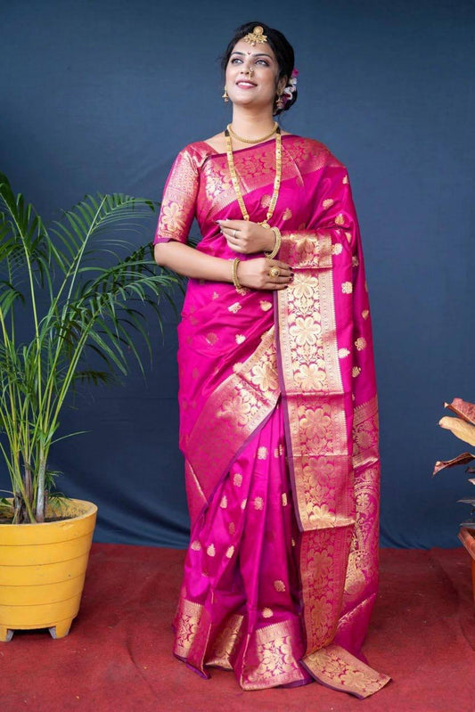 Rani Pink Zari Work Silk Saree