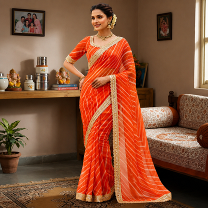 Georgette Leheriya Saree with Mirror Lace Border & Unstitched Blouse | Designer Party Wear Saree