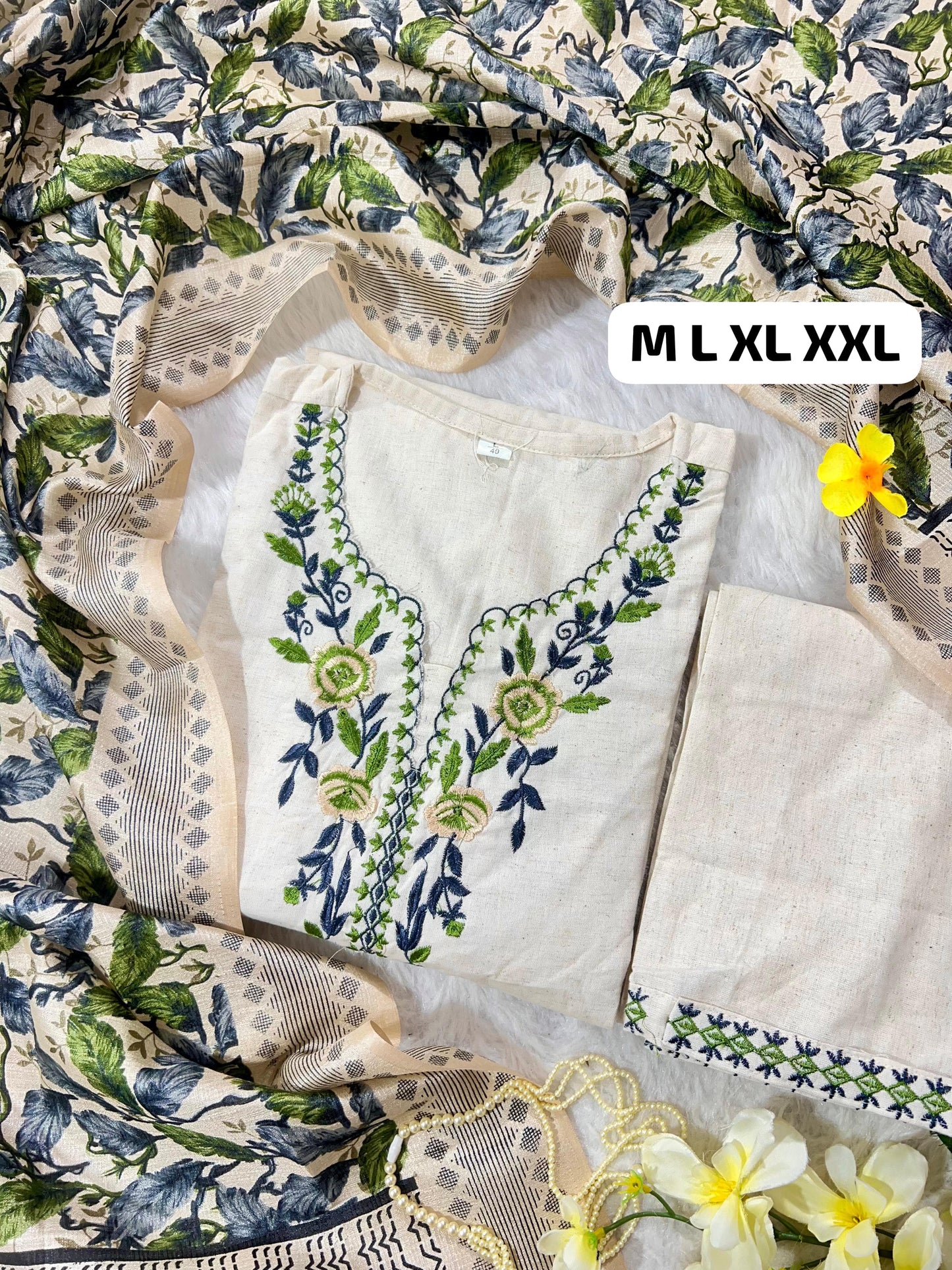 Designer Khadi Cotton Kurti Pant Set with Embroidered Work & Silk Dupatta – Elegant Daily & Festive Wear (Cream)