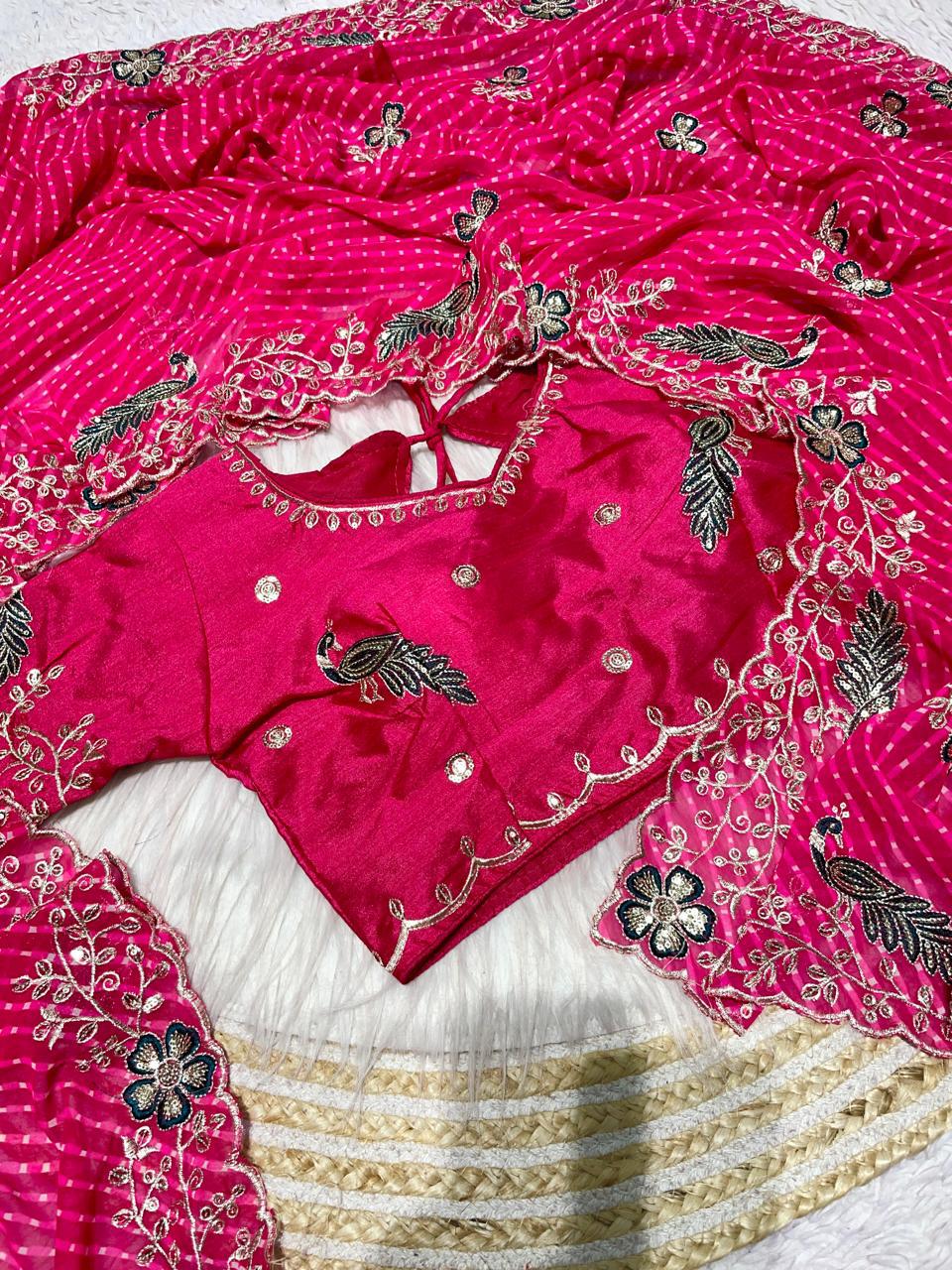 Georgette Muthda Saree with Peacock Thread Work & Cut Work