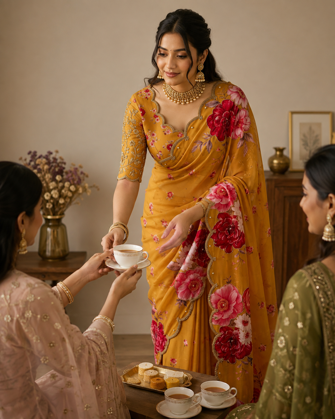 Guldasta Pure Georgette Silk Saree with Digital Floral Print & Cutdana Work