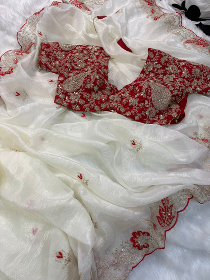 Elegant Crystal Crush Tissue Saree – Designer Embroidered Party Wear