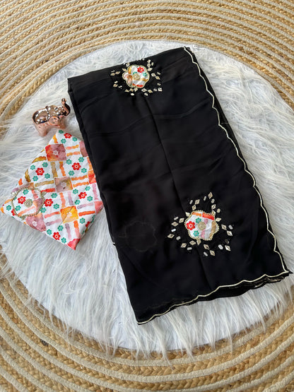 Heavy Star Georgette Saree with Mirror Work & Digital Print Designer Blouse