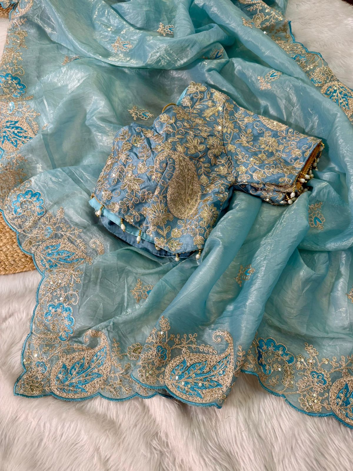 Elegant Crystal Crush Tissue Saree – Designer Embroidered Party Wear