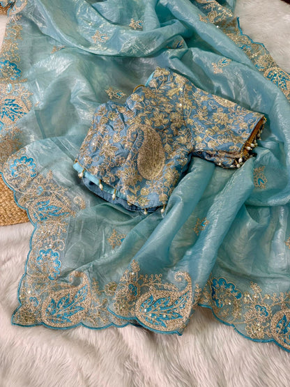Elegant Crystal Crush Tissue Saree – Designer Embroidered Party Wear
