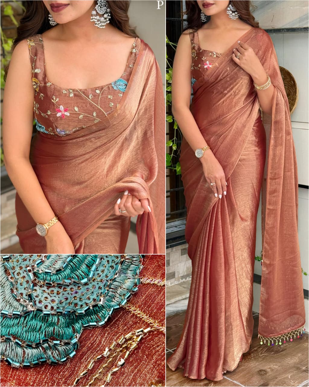 Genz Beauty Fandy Chiffon Saree with Heavy Sequins Embroidered Blouse
