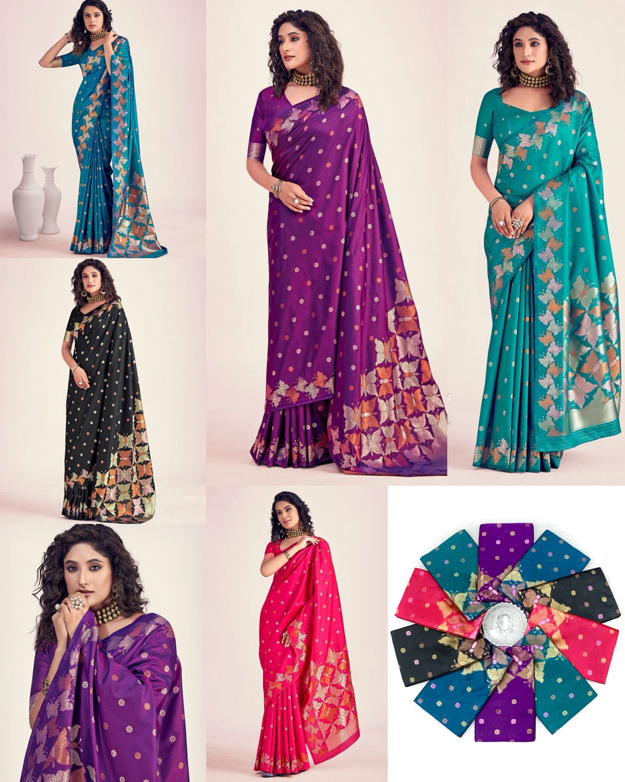 Rani Pink Butterfly Printed Silk Look Saree