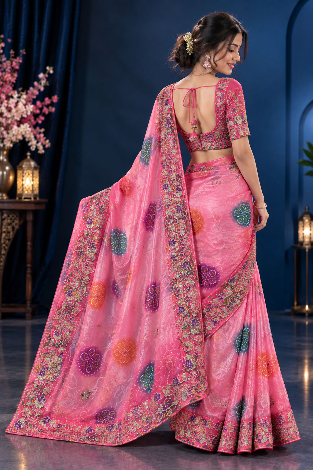 Soft Shine Space Silk Saree with Bandhej Print, C-Pallu Gotafoil Work & Butti