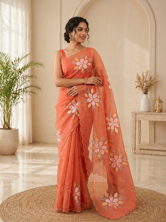 Pure Bari Chiffon Saree with Handwork & Floral Hand Print
