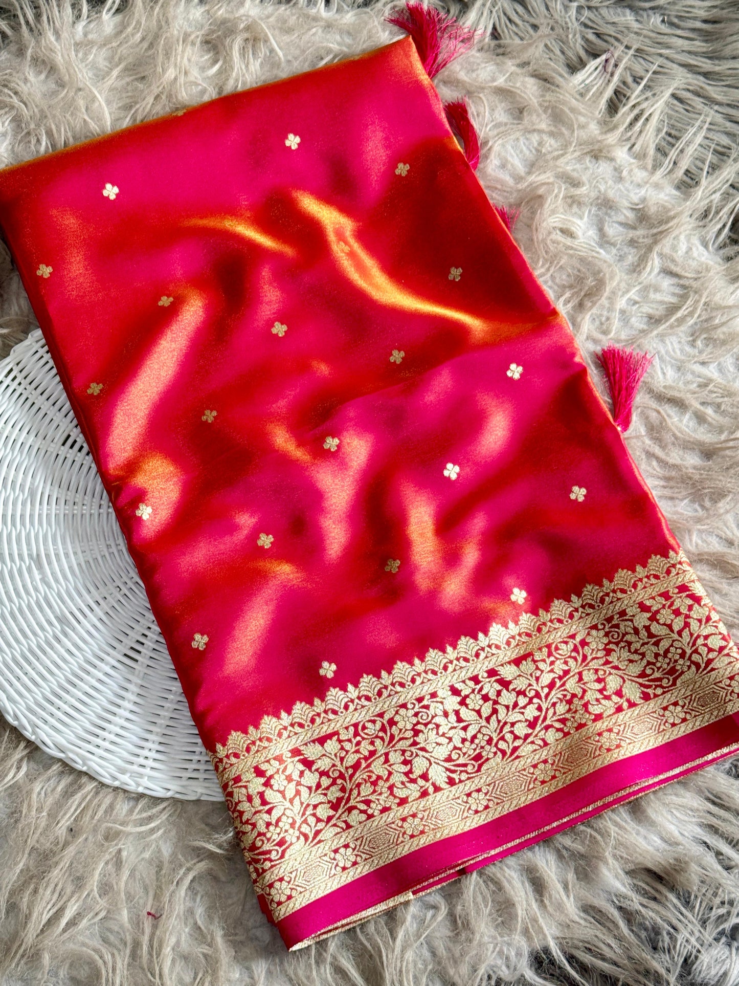 Royal Banarasi Glass Satin Silk Saree with Elegant Zari Woven Border