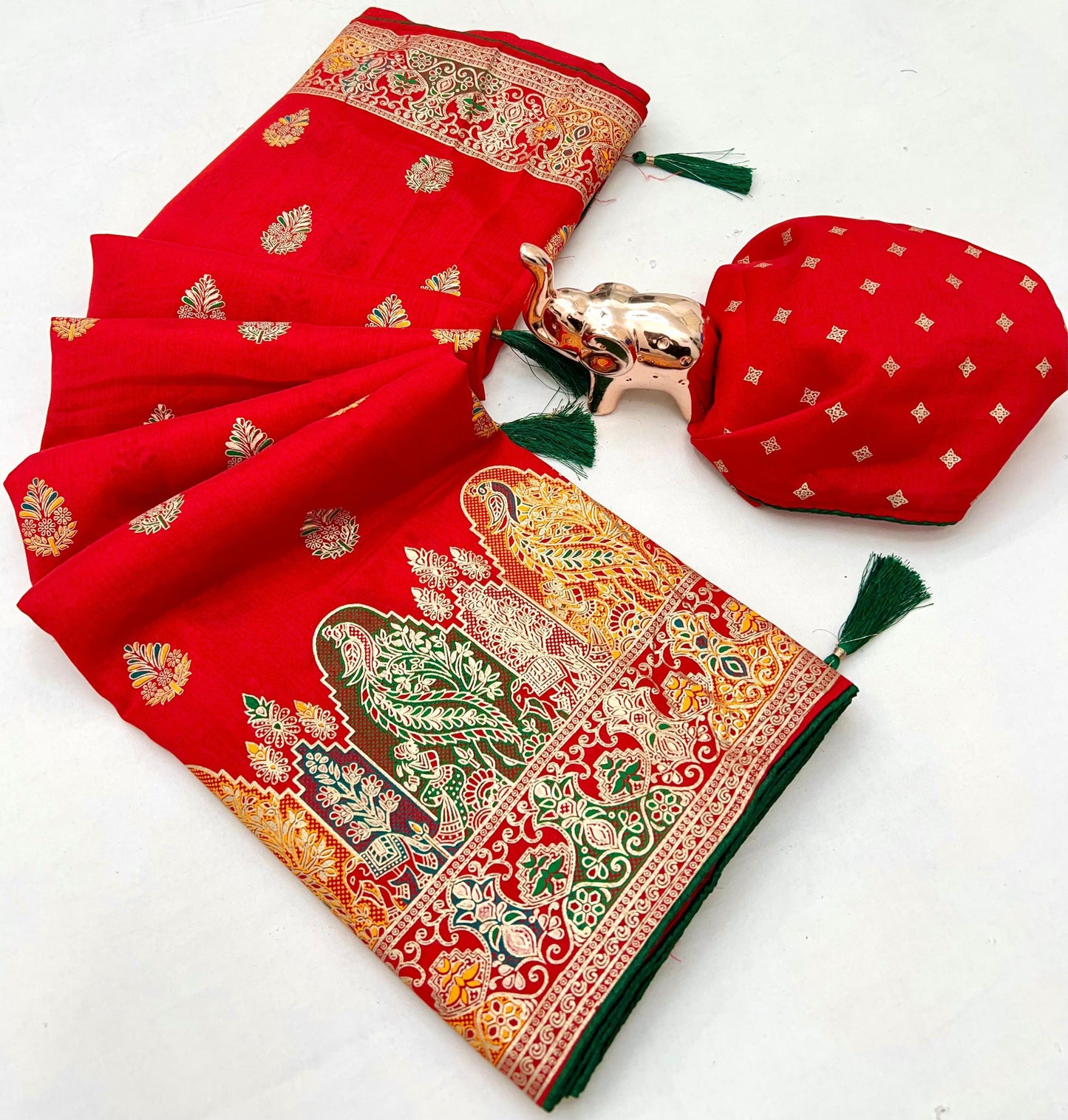 Pure Silk Meenakari Foil Print Designer Saree With Contrast Blouse