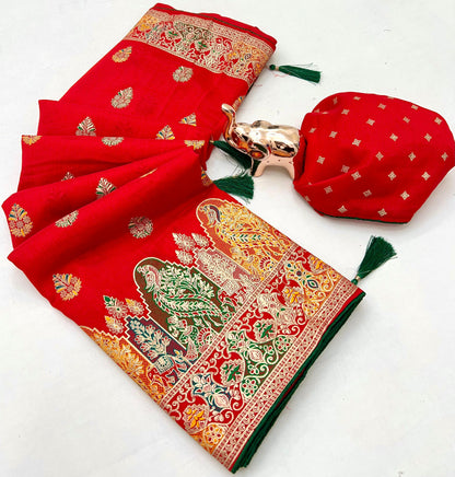 Pure Silk Meenakari Foil Print Designer Saree With Contrast Blouse
