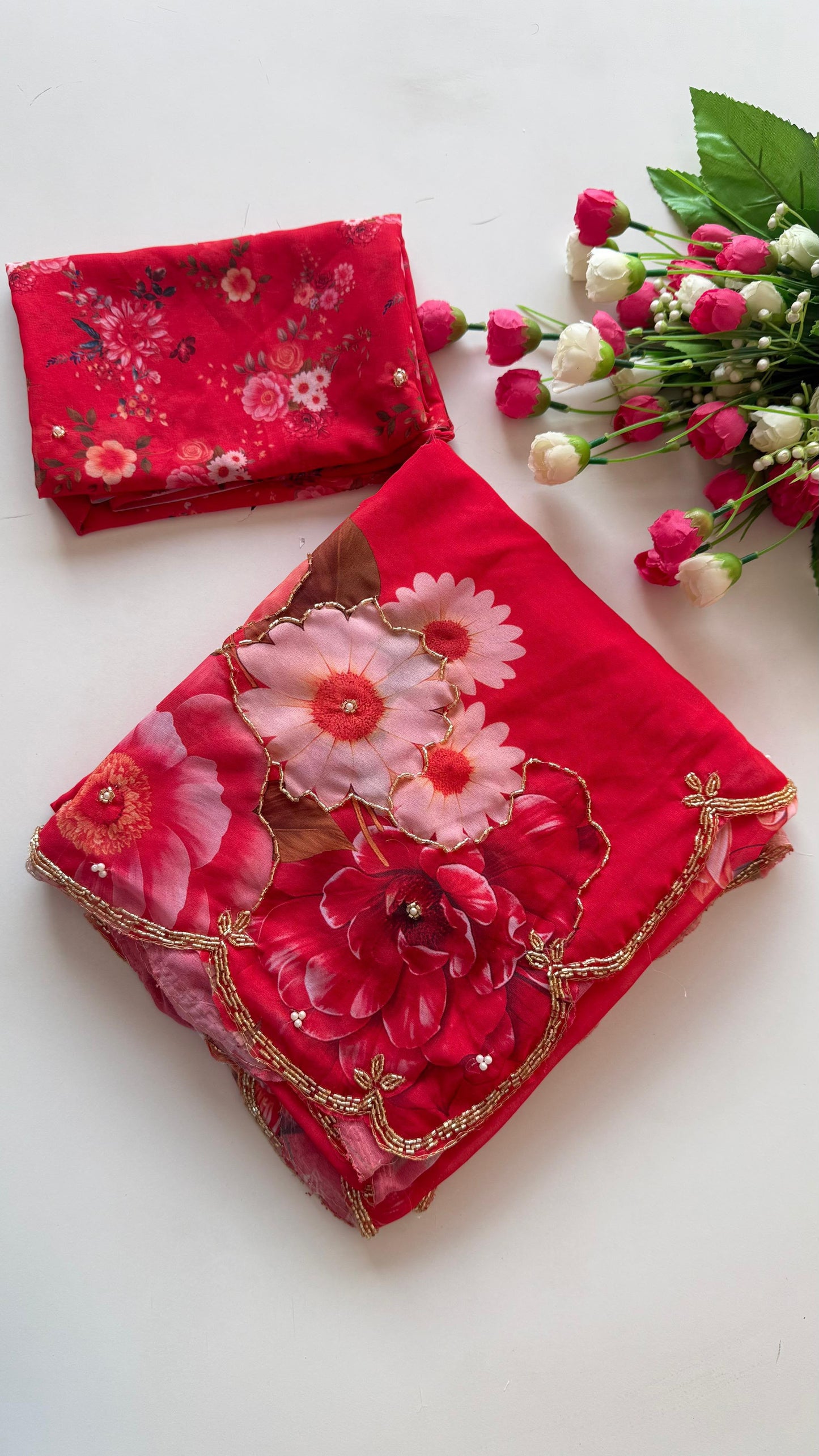 Guldasta Pure Georgette Silk Saree with Digital Floral Print & Cutdana Work
