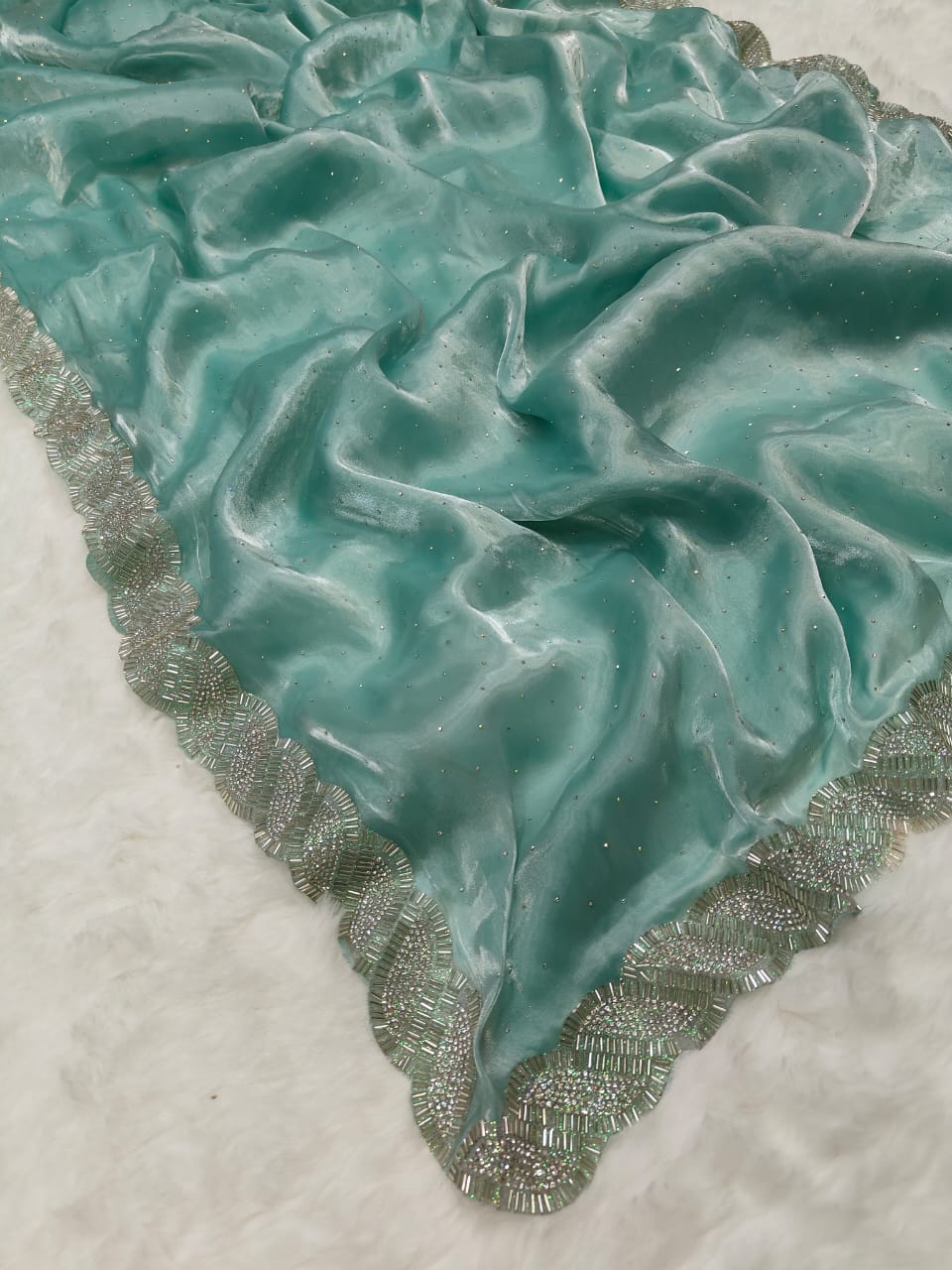 Elegant Jimmy Choo Saree with Handwork Lace Border & Cutwork Design