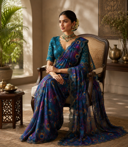 Soft Georgette Mosaic Digital Print Saree with Swarovski Scalloped Border