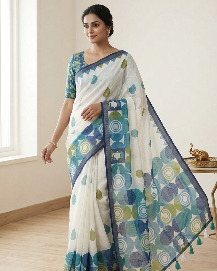 Pure Linen Chanderi Saree with Kalamkari Print & Zari Border