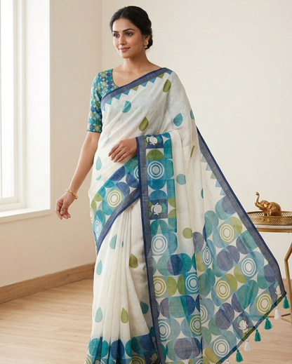 Pure Linen Chanderi Saree with Kalamkari Print & Zari Border