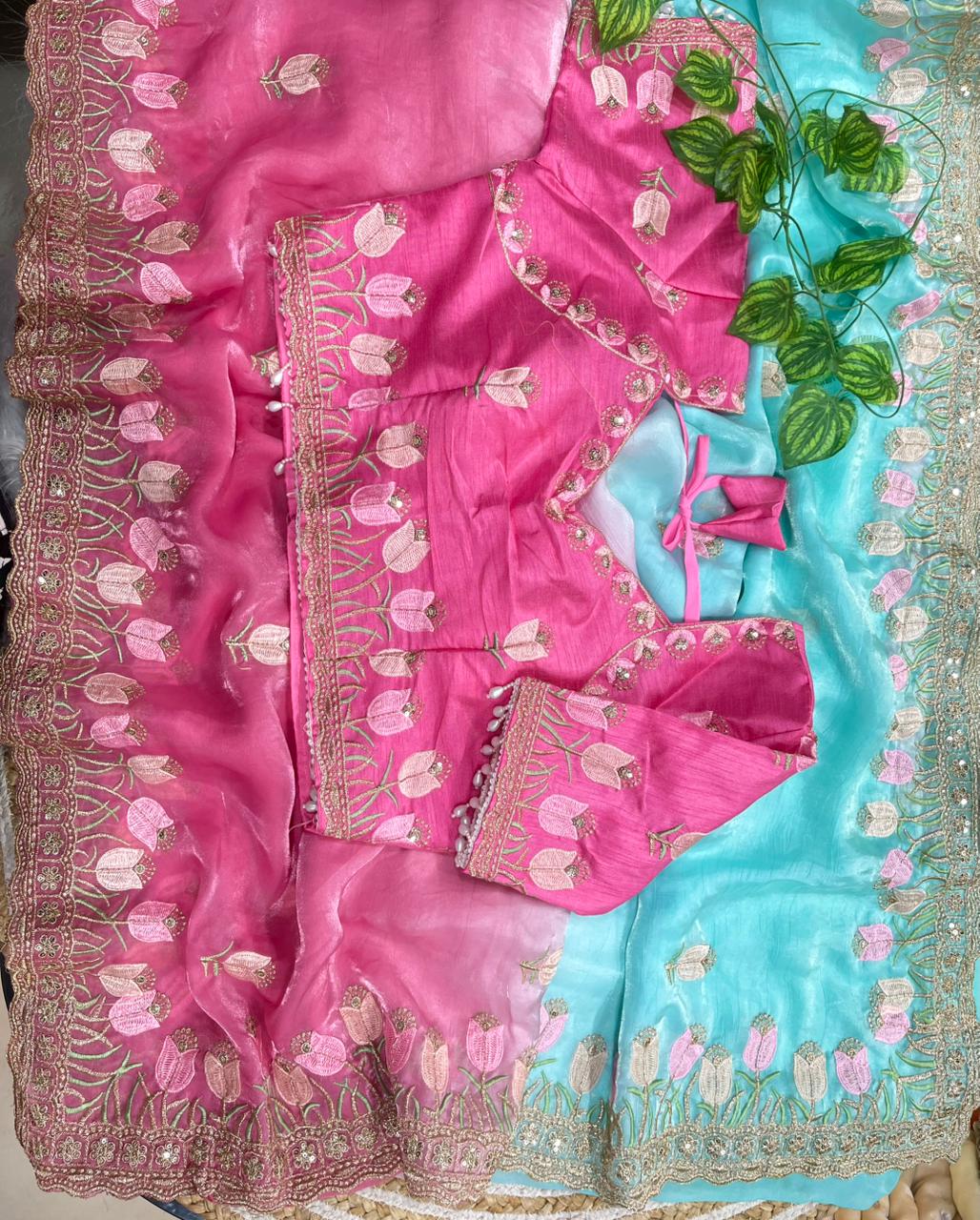 Lotus Soft Fendy Satin Saree With Embroidery Sequence & Thread Work Border