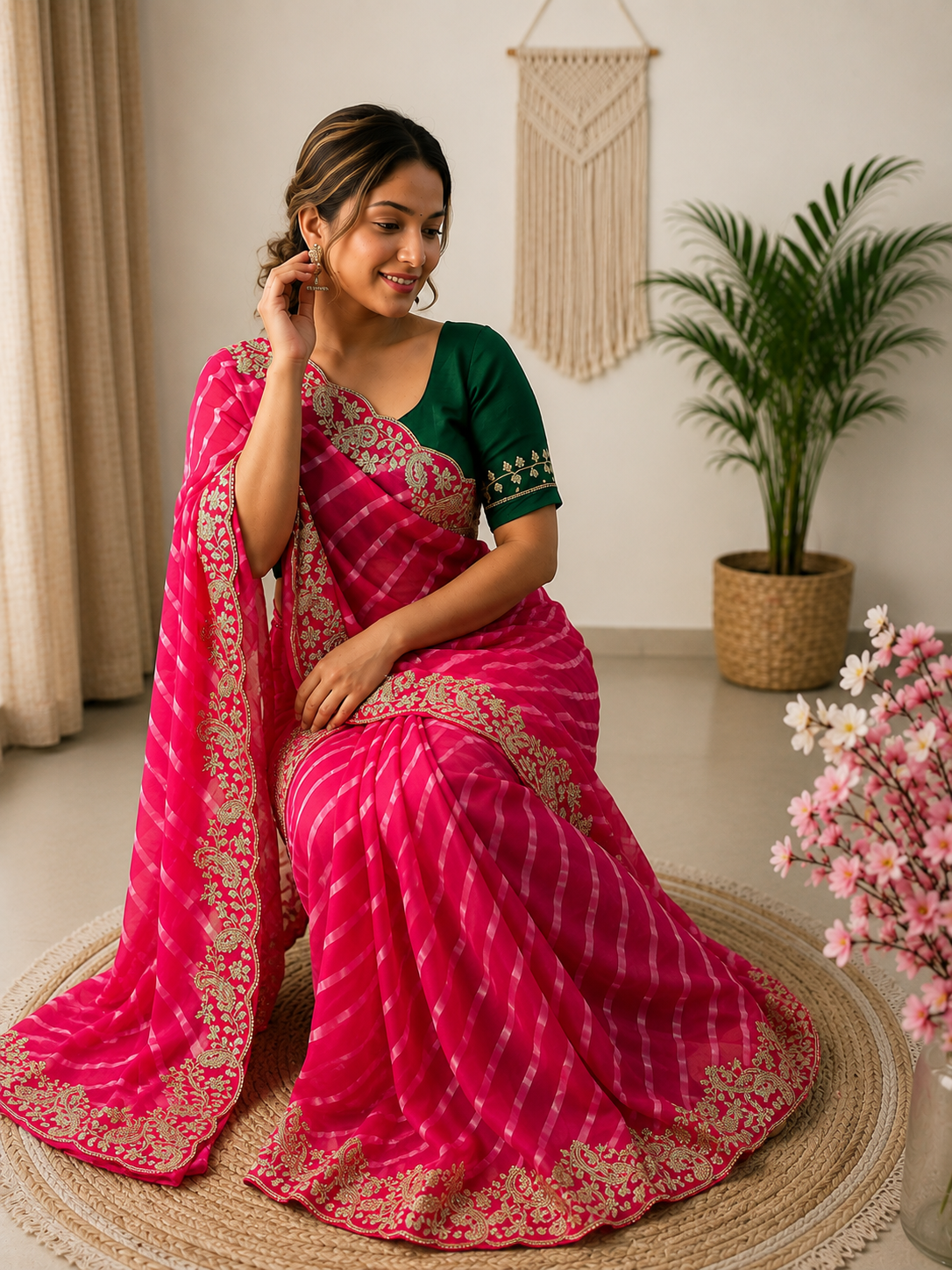 Rani Georgette Lehriya Silk Saree with Traditional Pitta & 5mm Sequin Work
