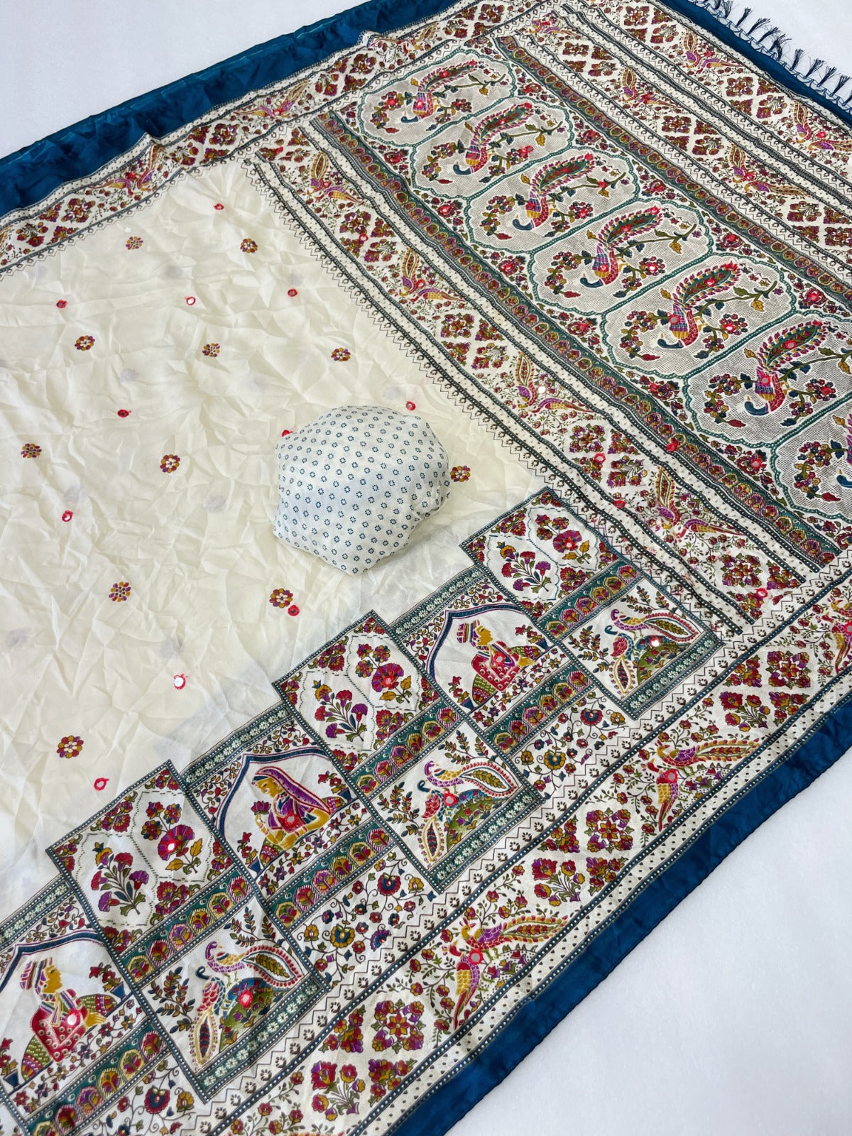 Premium Pure Moss Chiffon Saree with Peacock Floral Print & Mirror Work