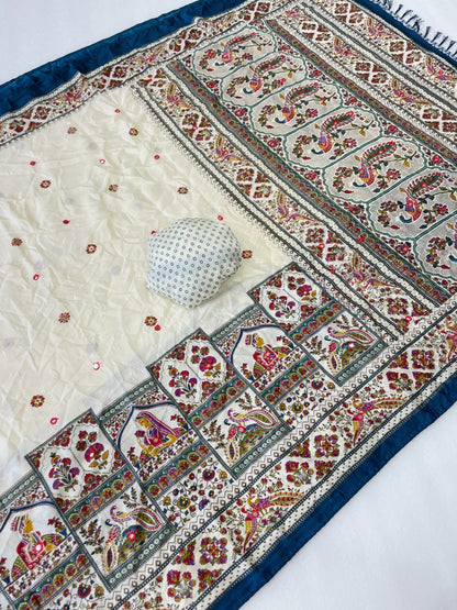 Premium Pure Moss Chiffon Saree with Peacock Floral Print & Mirror Work