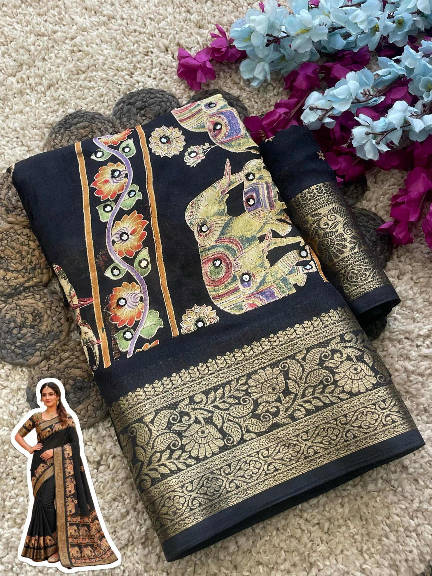 Royal Elephant Border Pure Marsh Mellow Silk Saree With Aari Mirror Work
