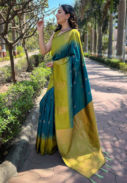 Olive Green & Teal Zari Work Saree