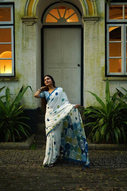 Pure Linen Chanderi Saree with Kalamkari Print & Zari Border