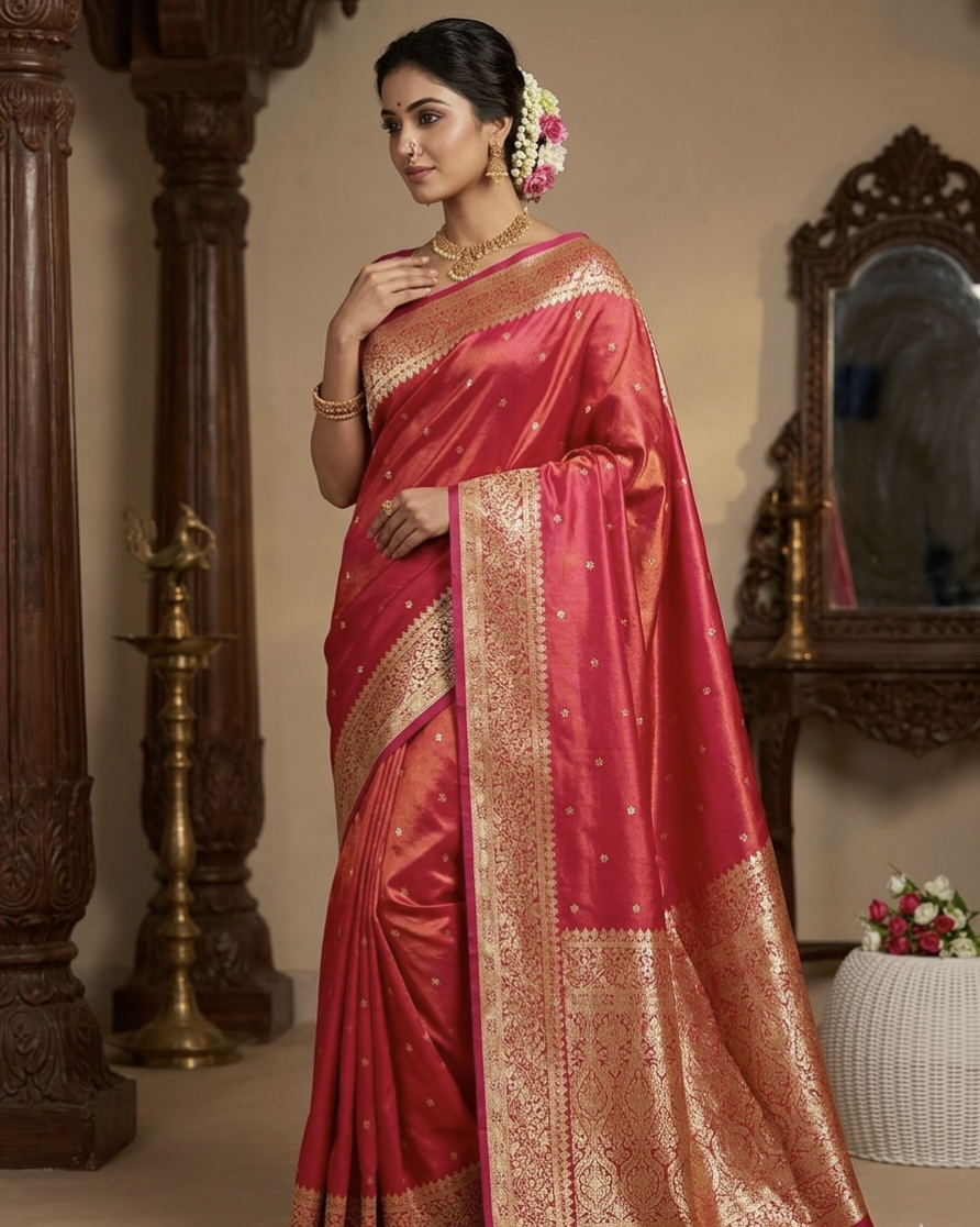 Royal Banarasi Glass Satin Silk Saree with Elegant Zari Woven Border