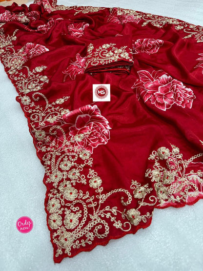 Designer Floral Embroidered Silk Saree with Rich Zari Work