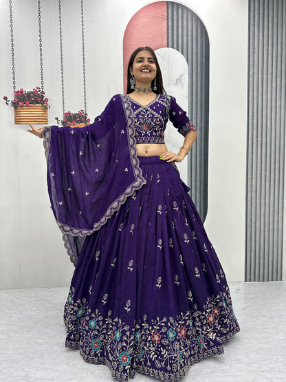 Festival Wear Heavy Embroidery Vichitra Silk Lehenga Choli Set | Red & Purple