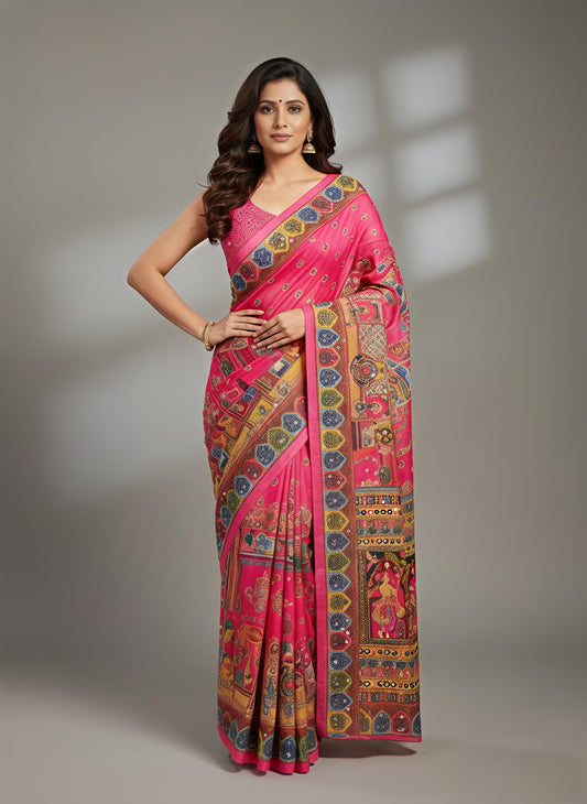 Heavy Masakali Georgette Digital Print Saree with 3000+ Mirror Work