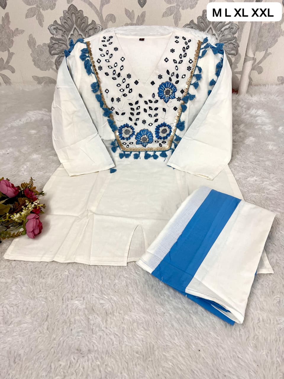 Cotton Natural Flax Mirror Work Cord-Set for Women – Embroidered Designer Top with Palazzo Pant (Cream Brown & Cream Blue)