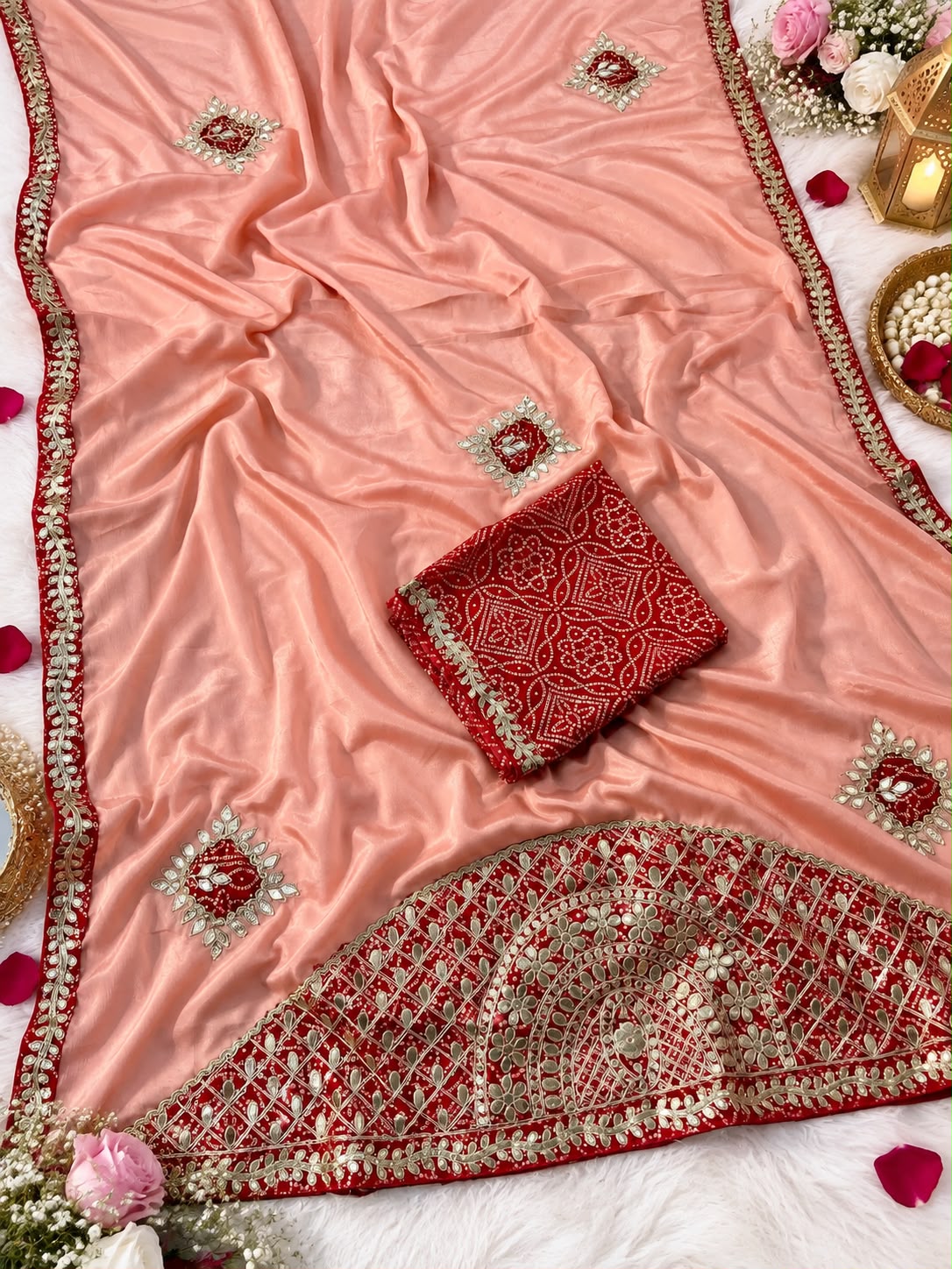 Chinon Saree with Heavy Bandhej Patch Butta & Gotapatti Work