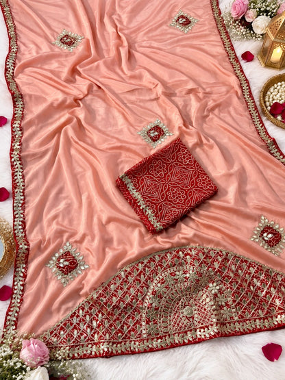 Chinon Saree with Heavy Bandhej Patch Butta & Gotapatti Work