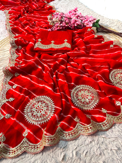 Traditional Leheriya Georgette Saree with Heavy Foil Gota Work & Cutwork Border