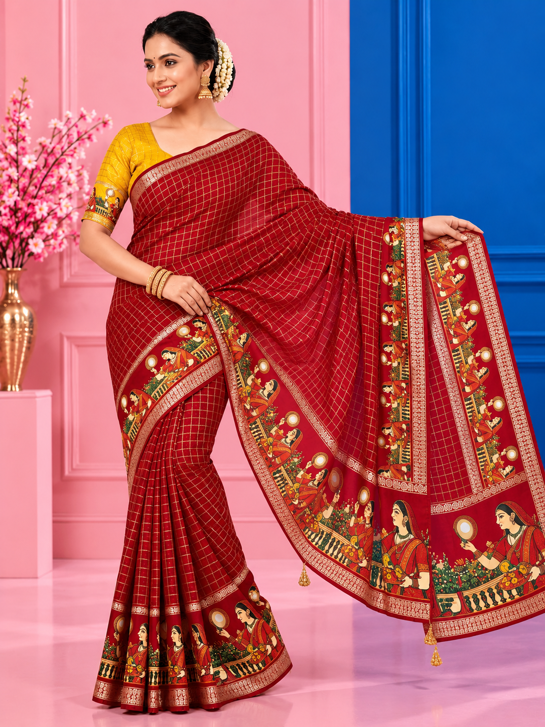 Karwa Chauth Special Viscose Checks Saree with Zari & Mirror Work Satin Border