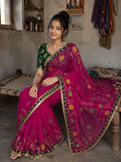Hand Charkhi Gota Patti Work Georgette Saree