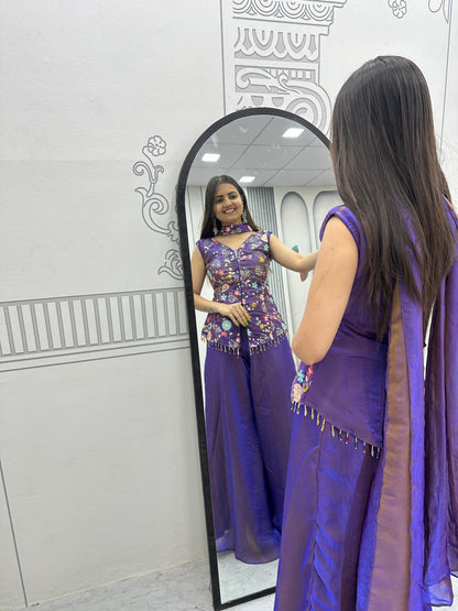 Purple Tissue Embroidery Palazzo Set with Dupatta