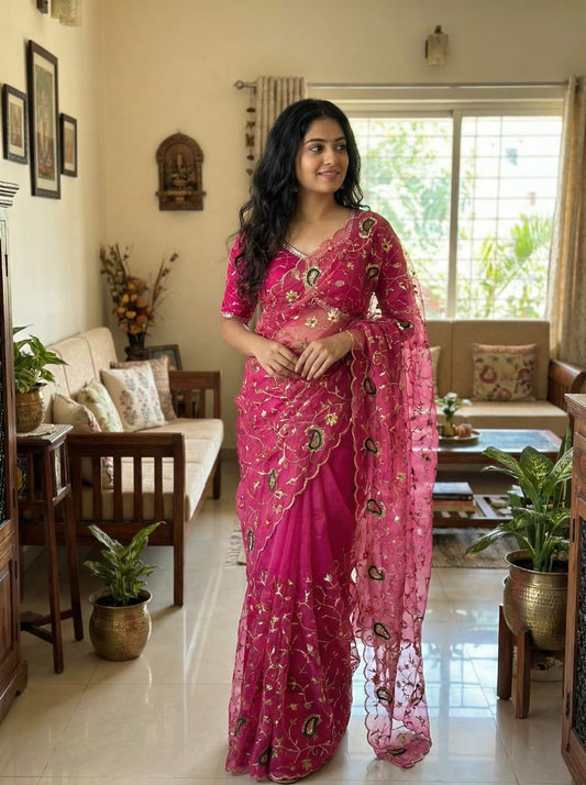 Tissue Silk Mirror Work Saree