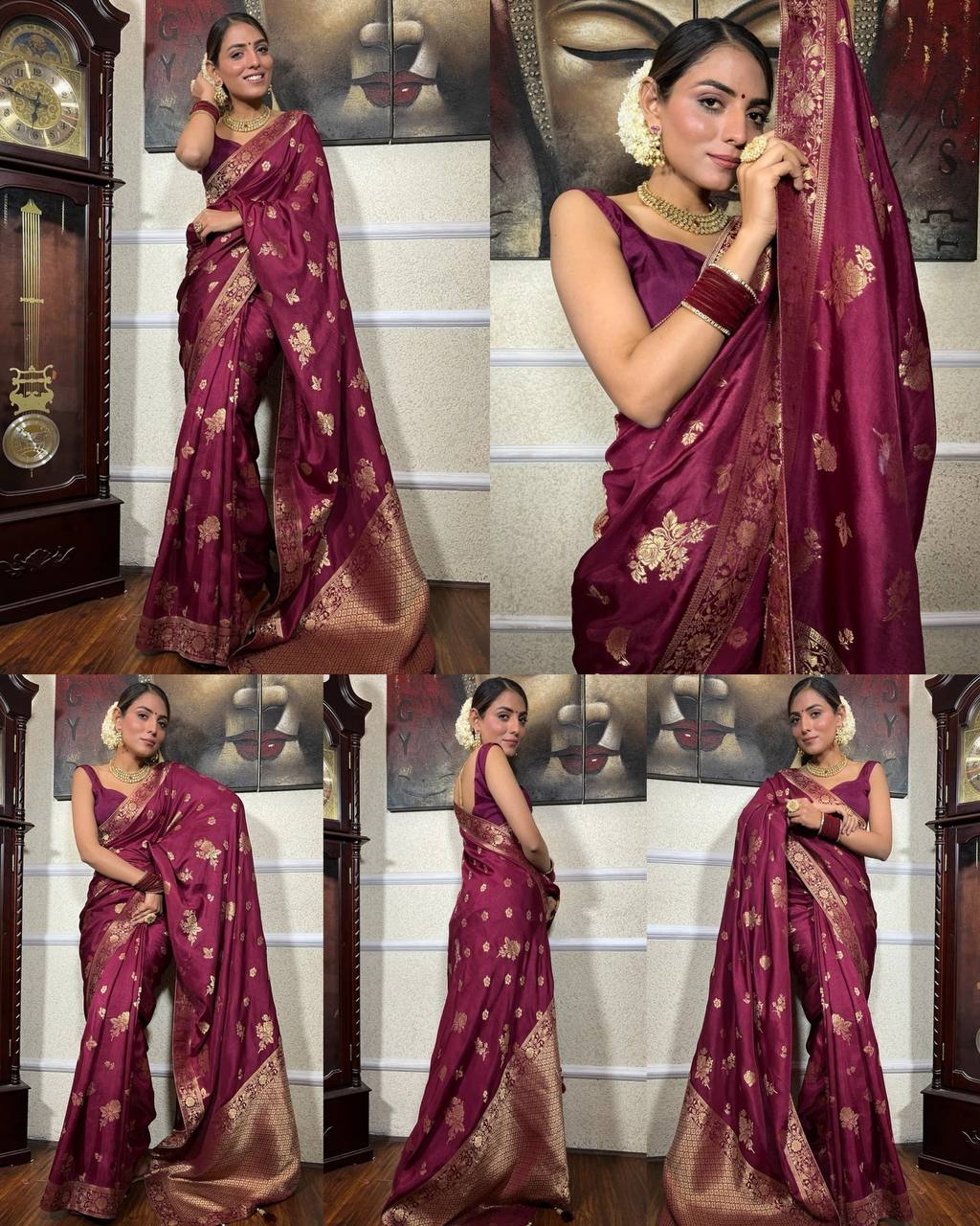 Wine Maroon Zari Work Saree