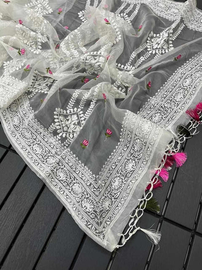 Pure Soft Organza Silk Saree with Lucknowi Embroidery & Silver Zari Work