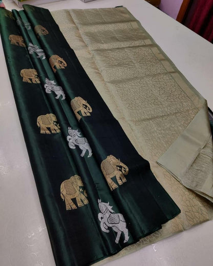 Dark Green Elephant Motif Jacquard Silk Saree with Gold Border