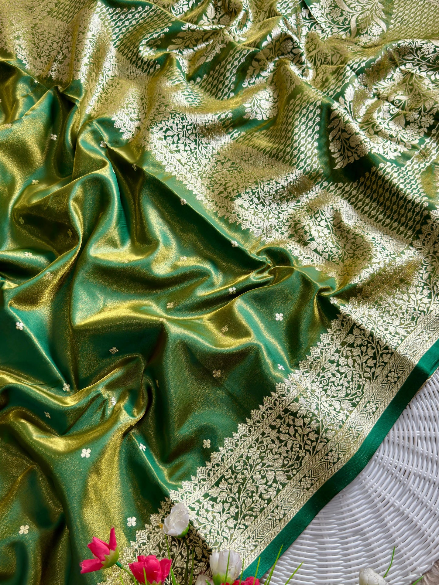 Royal Banarasi Glass Satin Silk Saree with Elegant Zari Woven Border