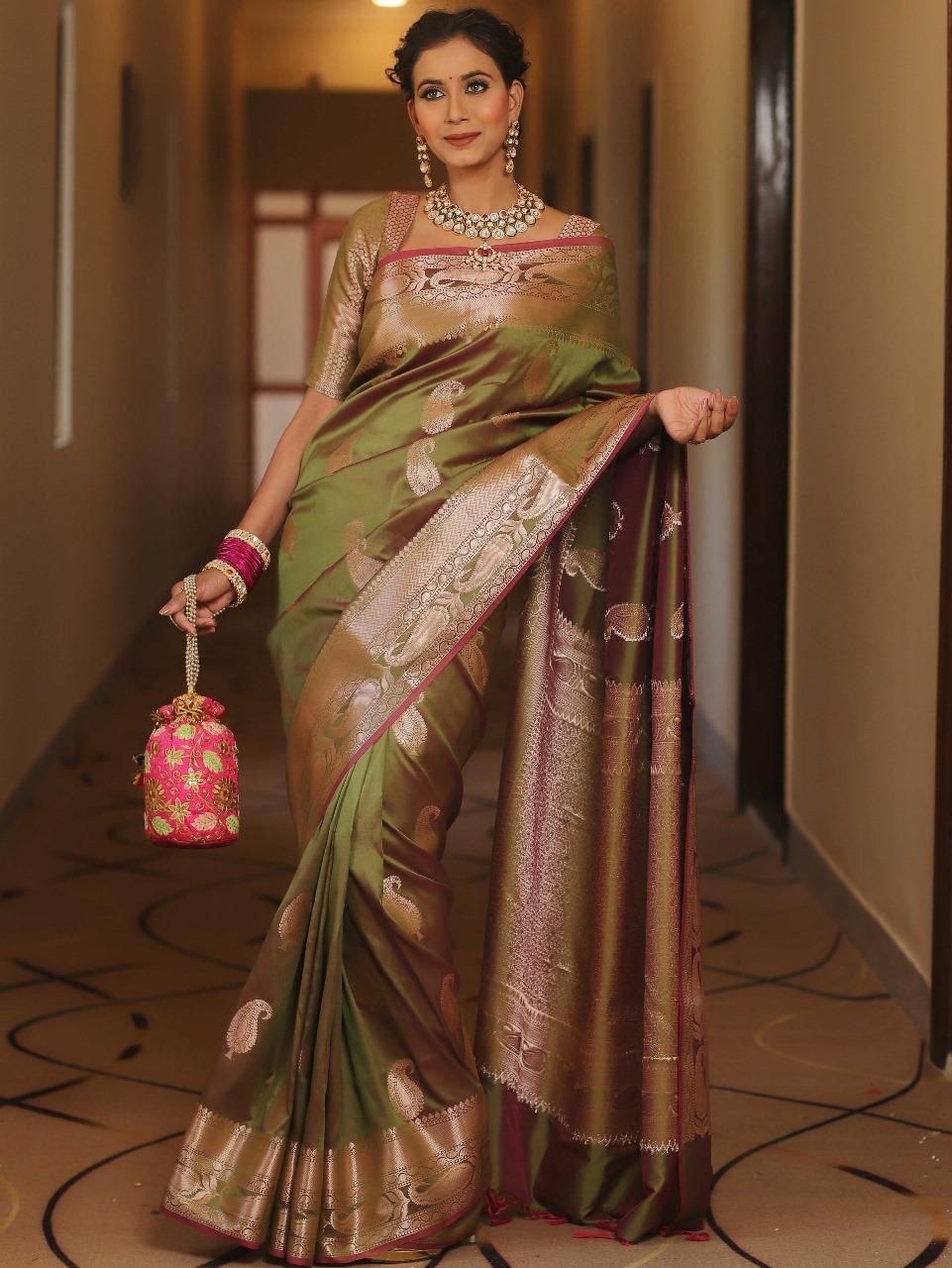 Pure Gold Zari Lichi Silk Saree