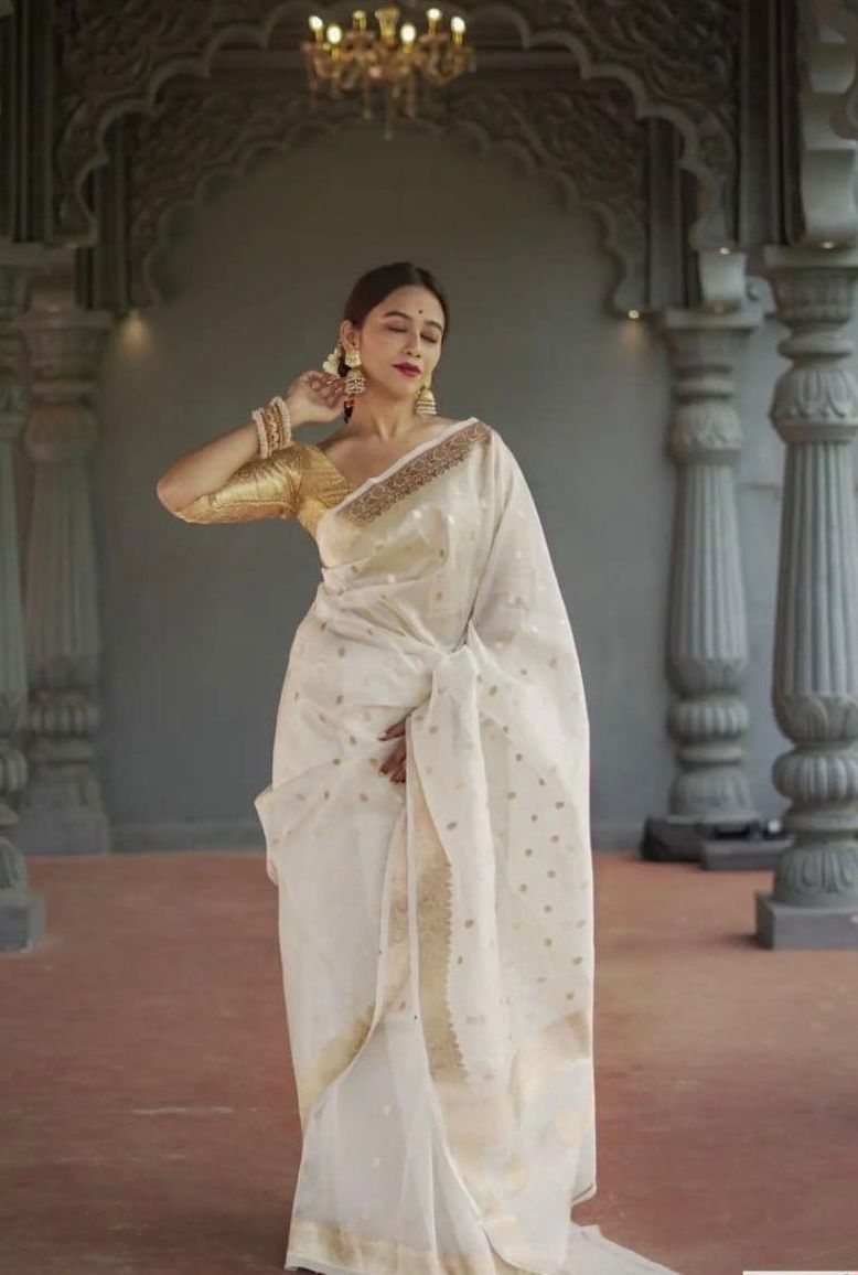 Off White Zari Work Saree