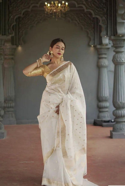 Off White Zari Work Saree
