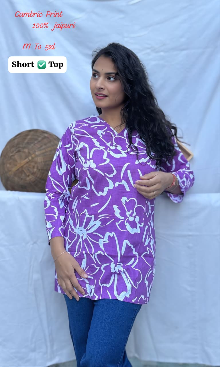 Jaipuri Cambric Cotton Printed Short Top for Women | Casual Tunic | V-Neck Daily Wear (M-5XL)