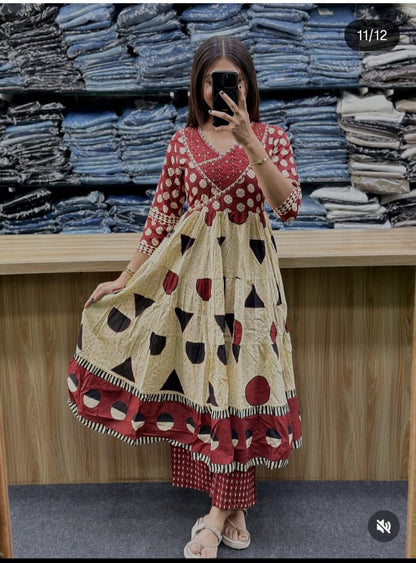 Women's Printed Cotton Anarkali Kurta Pant Dupatta Set with Sequence Work