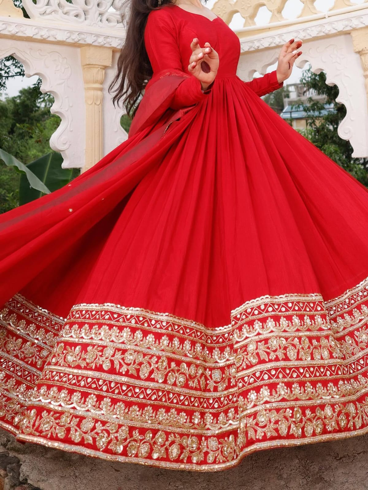 Red Fox Georgette Embroidered Anarkali Gown with Dupatta (Fully Stitched)